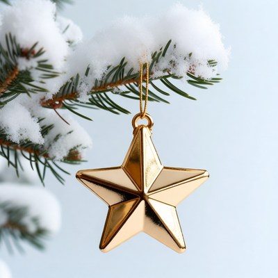 Golden Star Ornament on Snowy Christmas Branch