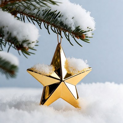 Golden Star Ornament on Snowy Pine Branch