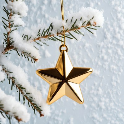 Golden Star Ornament on Snowy Christmas Branch