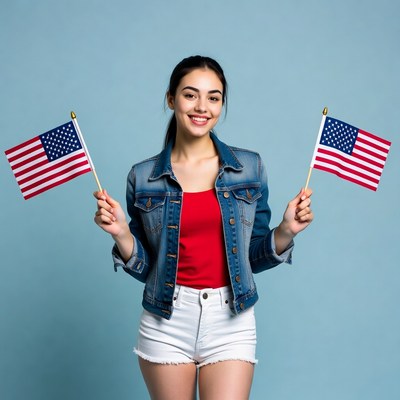 Young woman holding American flags