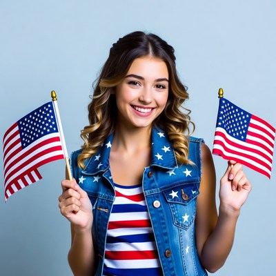 Smiling girl holding American flags