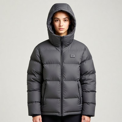 Asian woman in gray puffer jacket