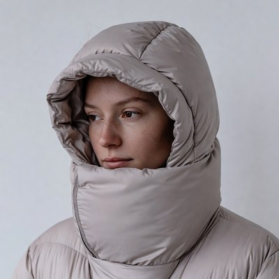 Woman in beige puffer hood