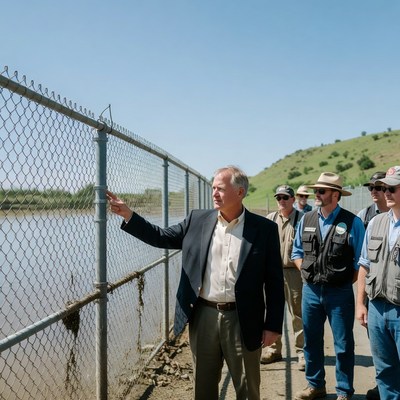 Man pointing at chain-link fence