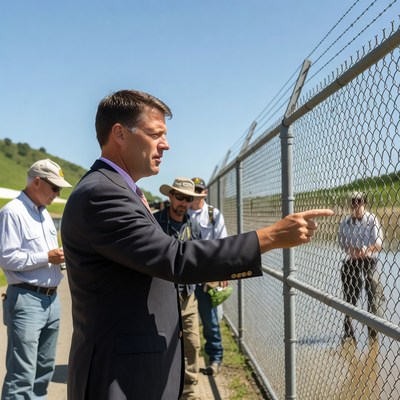 Man in suit pointing at chain-link fence