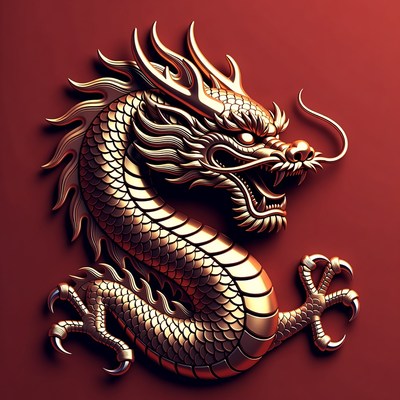 Golden Chinese Dragon on Red Background