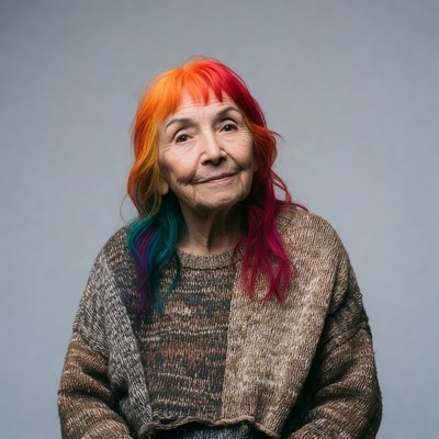 Elderly woman with rainbow hair