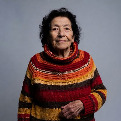 Elderly woman in colorful knit sweater