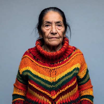 Elderly woman in colorful knit sweater