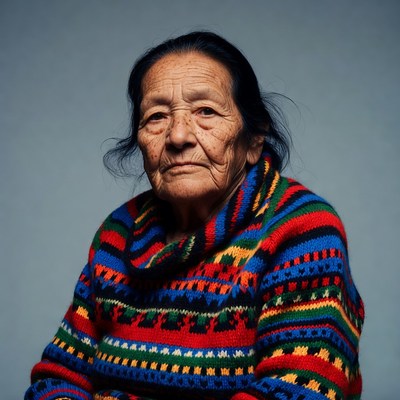 Elderly Indigenous woman in colorful sweater
