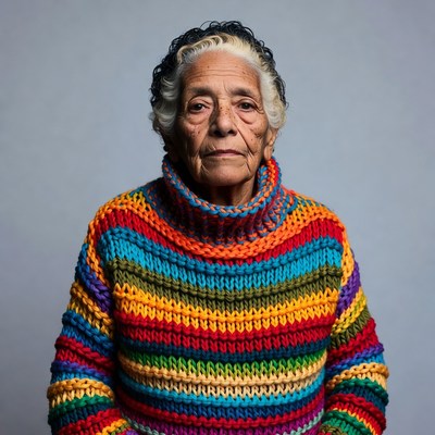 Elderly woman in colorful knit sweater