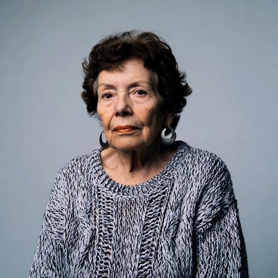 Elderly woman in gray sweater
