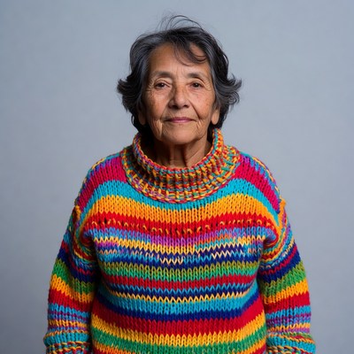 Elderly woman in colorful striped sweater