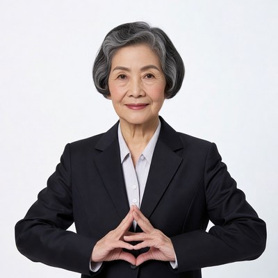 Asian elderly woman in suit with steepled hands