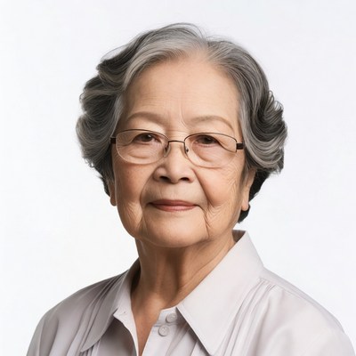 Elderly Asian woman wearing glasses