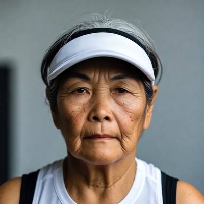 Elderly Asian woman in white visor