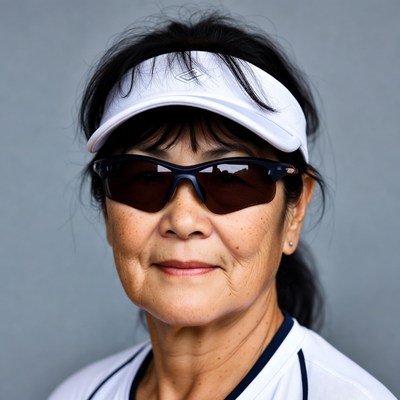 Asian woman in tennis visor sunglasses