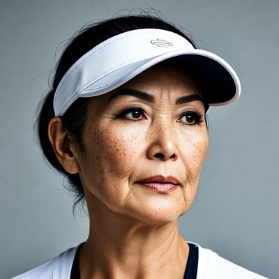Asian woman wearing white tennis visor