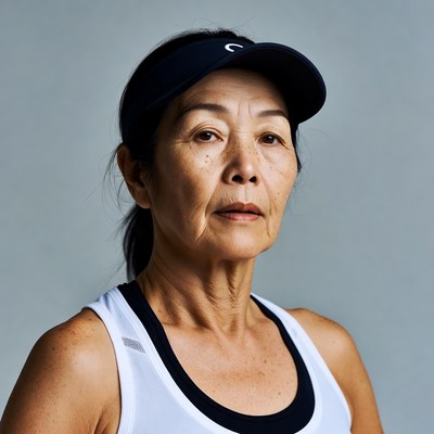 Asian woman in tennis visor