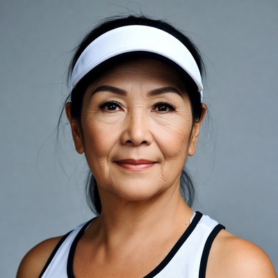 Asian woman wearing tennis visor
