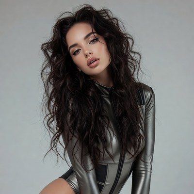 Woman in shiny black bodysuit