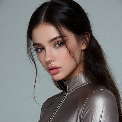 Woman in silver shiny outfit