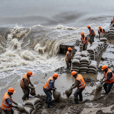 Workers stacking sandbags against flood