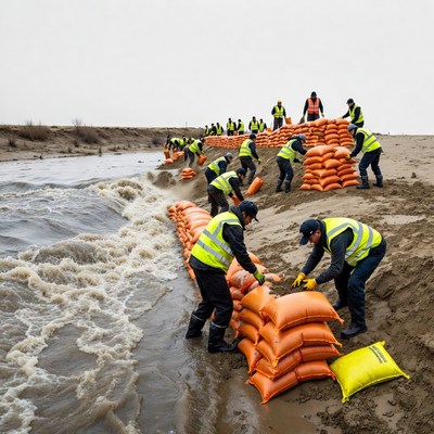 Workers building sandbag flood barrier