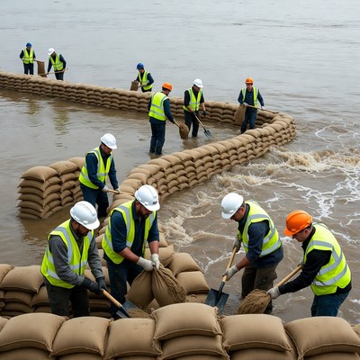 Workers Building Sandbag Flood Wall