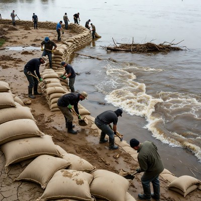 Workers Building Sandbag Flood Wall
