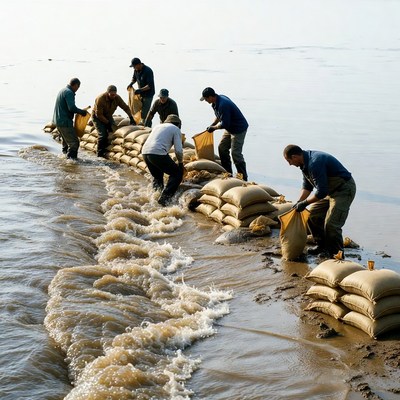 Men stacking sandbags by river