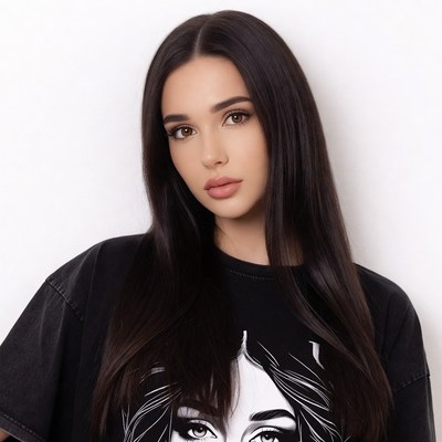 Woman in black graphic t-shirt