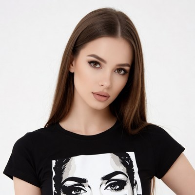 Woman in black t-shirt with face print
