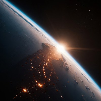 Earth from space at night with sunrise
