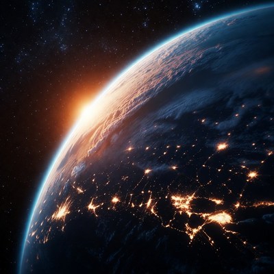 Earth from space at night with sunrise