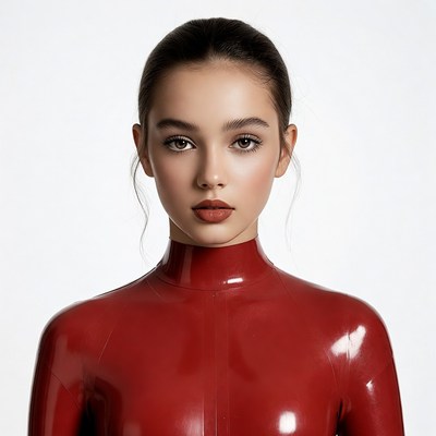 Young woman in red latex dress