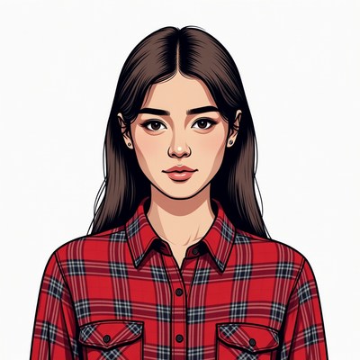 Asian woman in red plaid shirt