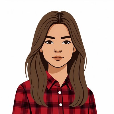 Asian woman in red plaid shirt