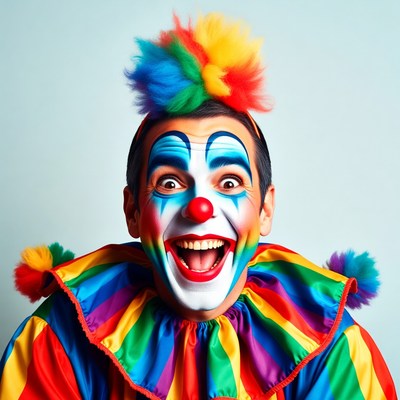 Clown with rainbow hair smiling widely