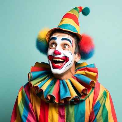 Man in colorful clown costume laughing