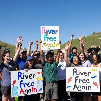 Group holding River Free Again signs