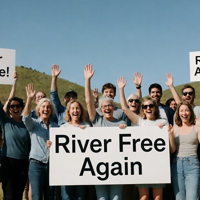 Group holding River Free Again sign