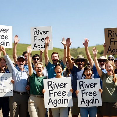 Diverse group holding River Free Again signs