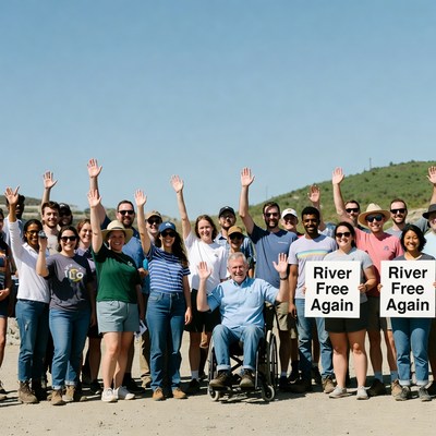 Diverse group holding River Free Again signs