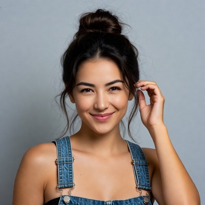 Asian woman in denim overalls touching hair