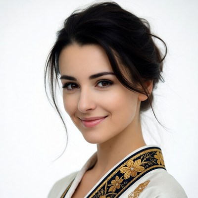 Beautiful woman in gold-trimmed white robe