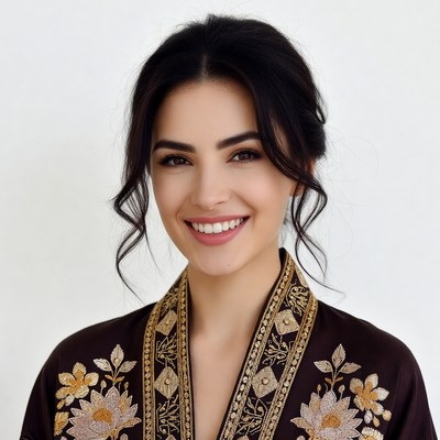 Smiling woman in embroidered maroon robe