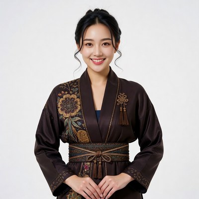 Asian woman in embroidered kimono