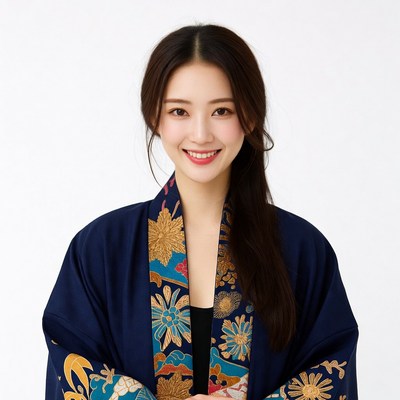 Asian woman in navy kimono