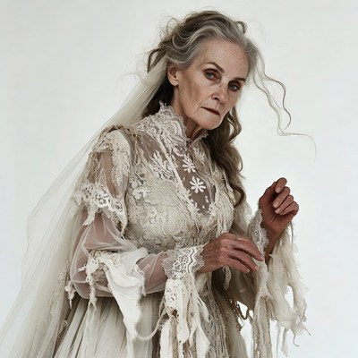 Elderly woman in lace wedding gown